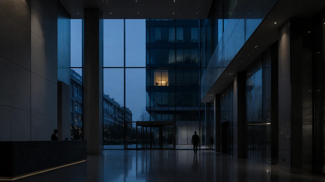 Saguão de um edifício de escritórios ao anoitecer, em luz azul, com uma janela acesa ao fundo.